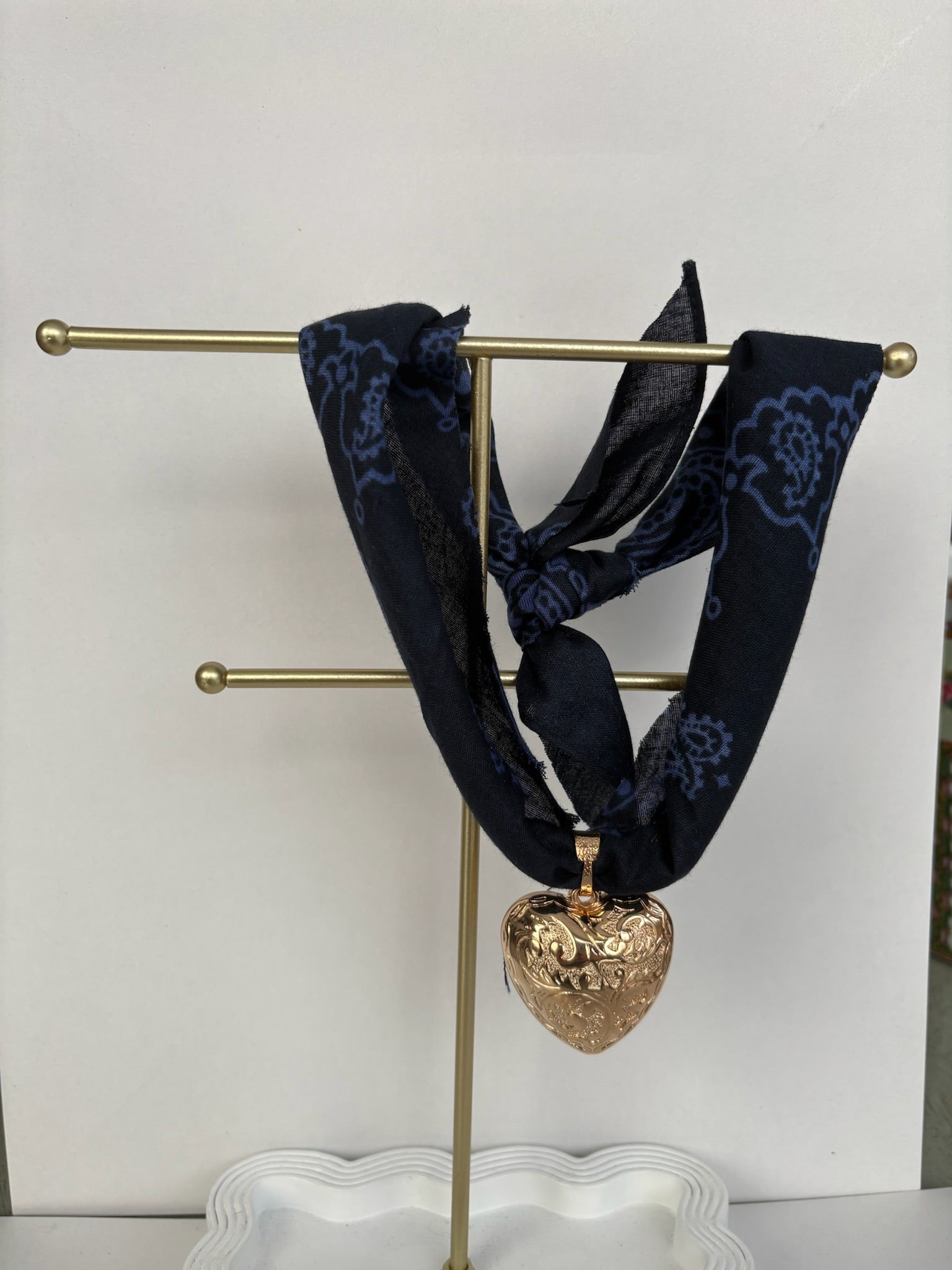 Navy + Light Blue Bandana Heart Necklace
